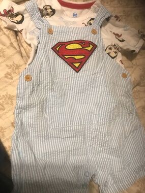 Superman Patch Light Blue Seersucker Baby Romper